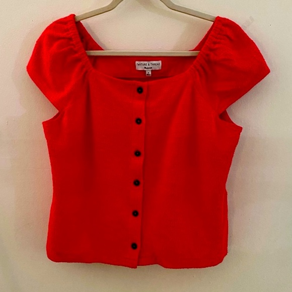 Madewell Texture And Thread Button Front Red Top … - image 1